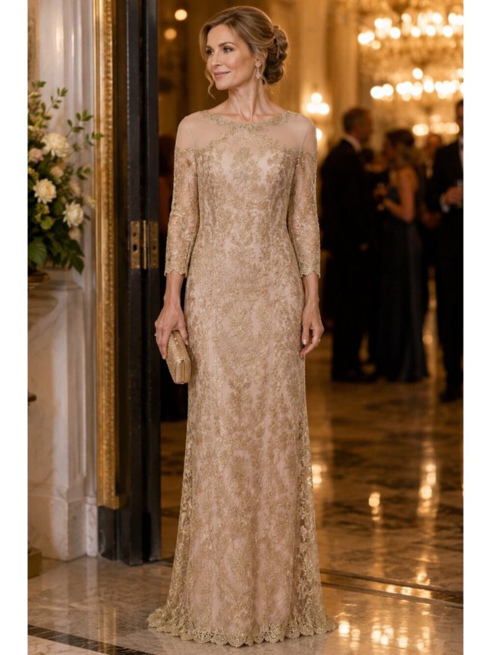 Tadashi Shoji NWT Size 8 Blush Gold Lace Mother of Bride Formal Gown Maxi Mesh